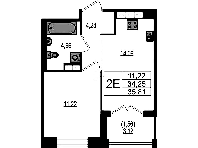 1-комнатная квартира 35.81 м², 3/4 эт., ЖК «Ranta Residence»